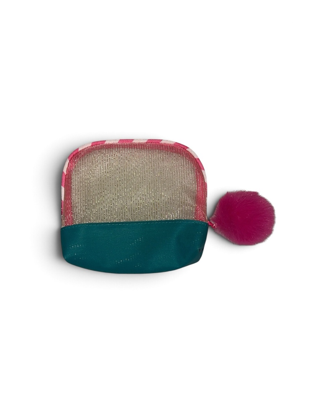 Sephora Pink And Teal Shimmery Mesh Pouch With Pom Pom Makeup Bag Cosmetics Case
